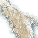 Topographic map of a coastal area with brown landmasses and blue water.