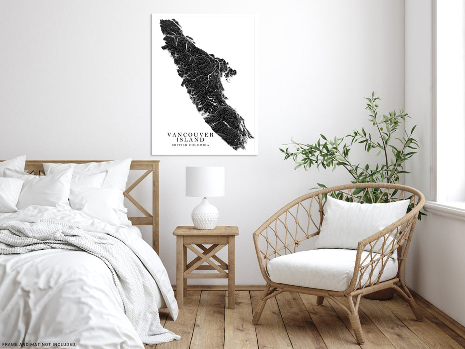 Vancouver Island, BC, Canada black and white map art print designed by Maps As Art.
