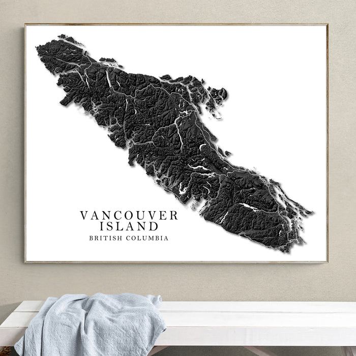 Vancouver Island Map Art Print Poster: Modern Black and White Design