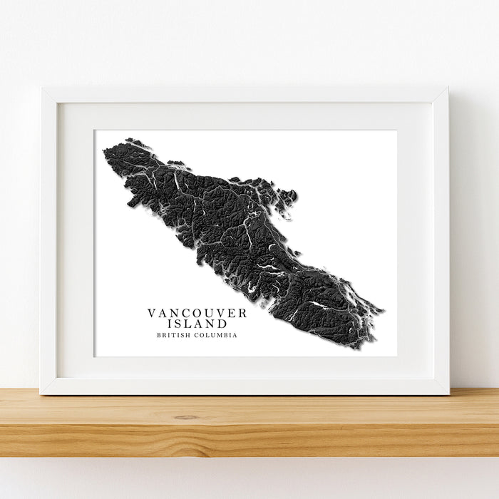 Framed map of Vancouver Island, British Columbia on a white background