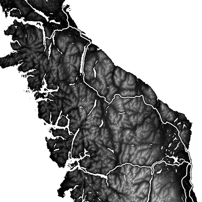 Black and white topographic map of a region