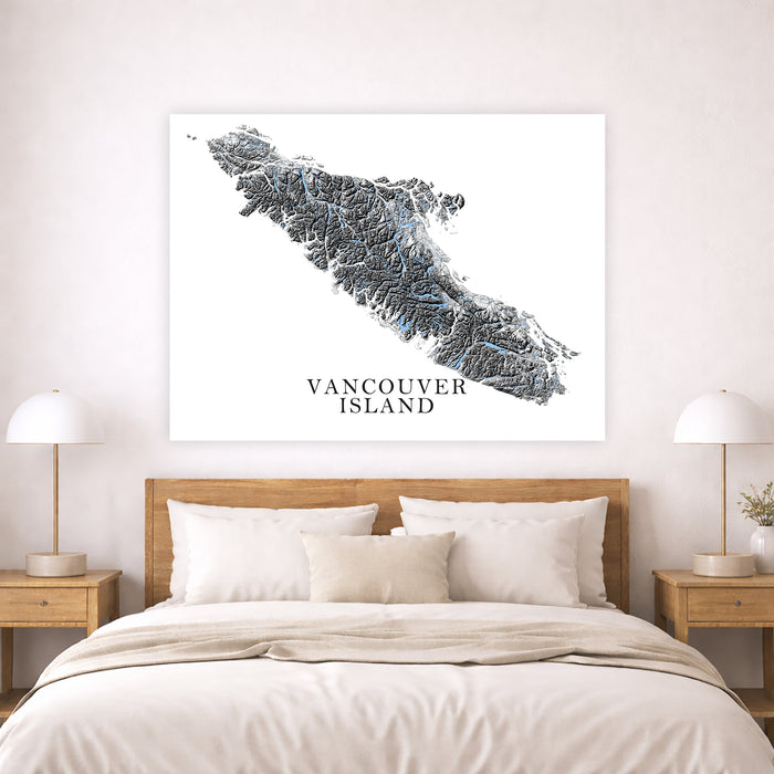 Map of Vancouver Island on a wall above a bed in a bedroom