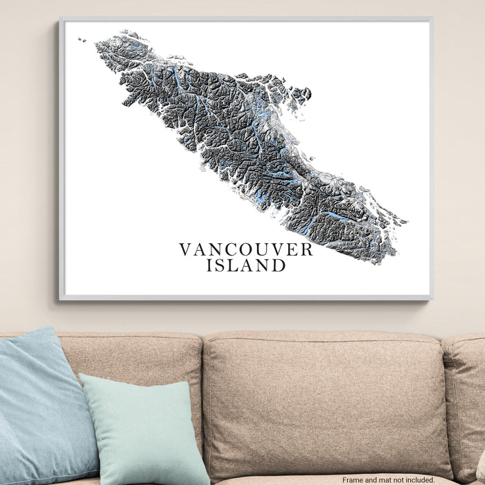 Framed map of Vancouver Island on a wall above a couch