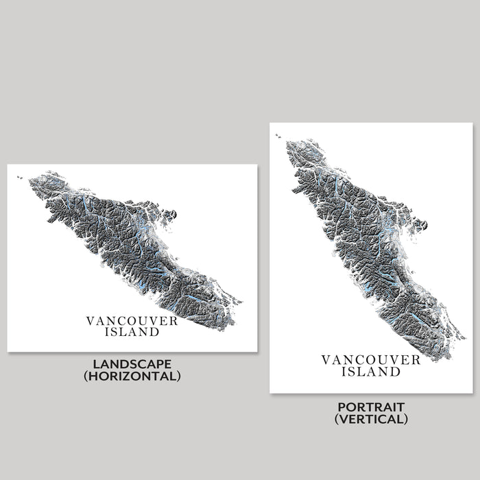 Two maps of Vancouver Island, one in landscape and one in portrait orientation, on a gray background.