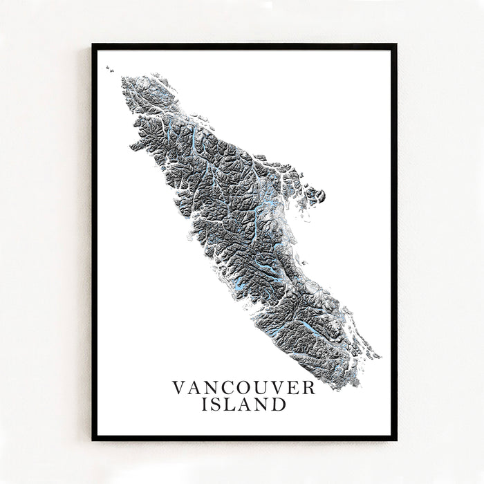 Framed map of Vancouver Island on a white wall
