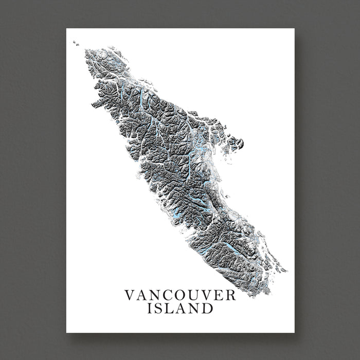 Topographic map of Vancouver Island on a white background