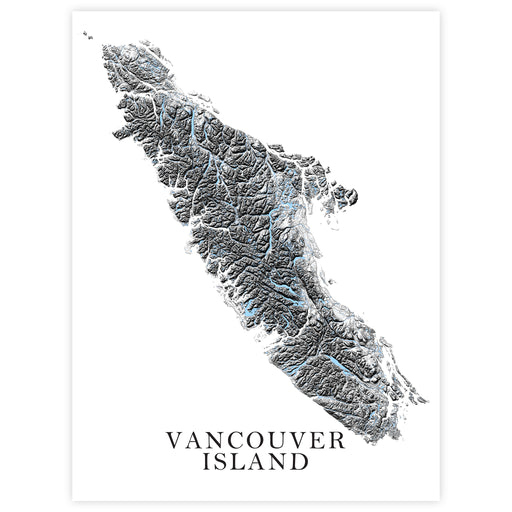 Topographic map of Vancouver Island with a white background