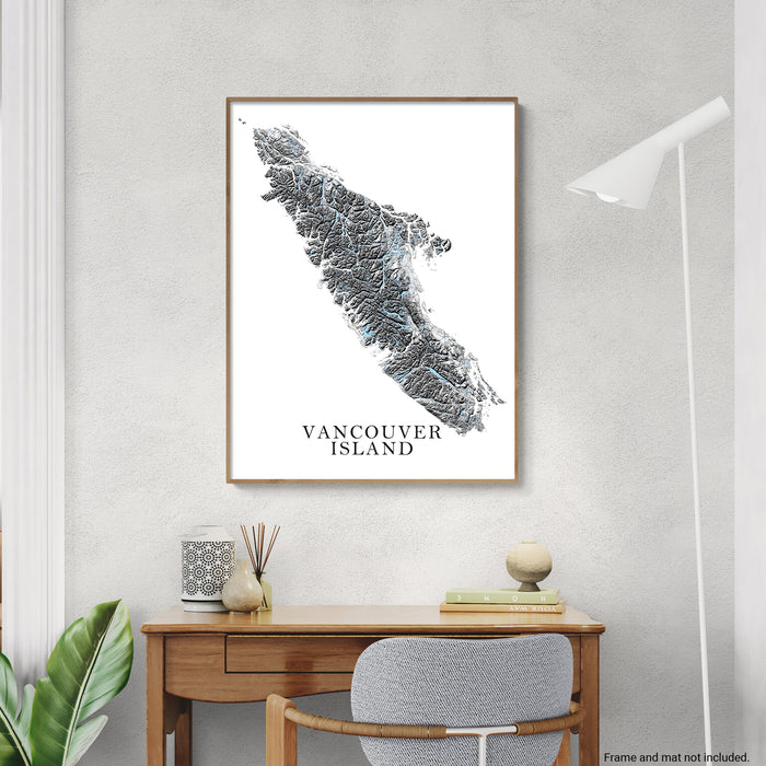 Vancouver Island BC Map Print: Black and White Topographic Wall Art Poster