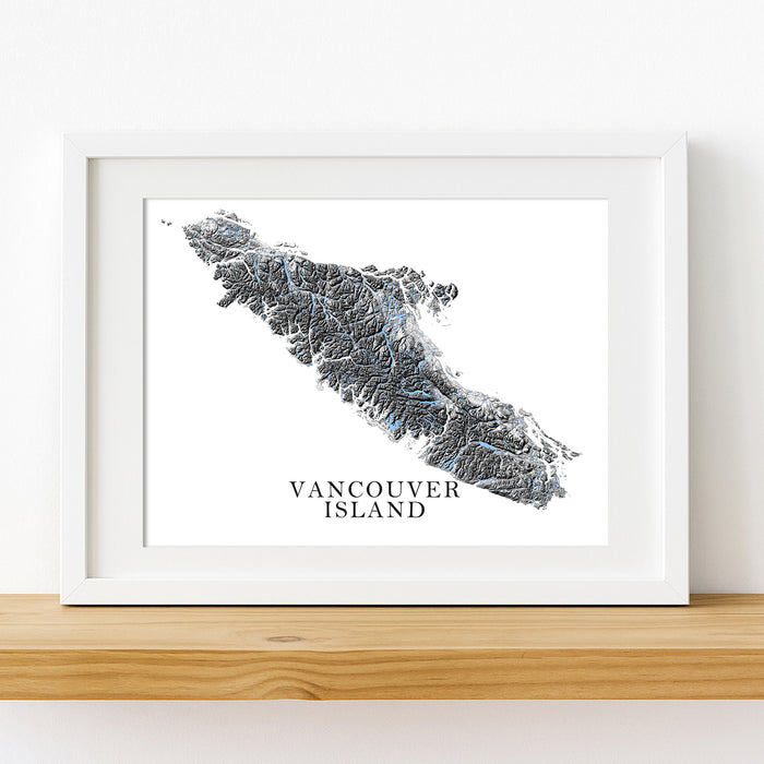 Framed map of Vancouver Island on a white wall