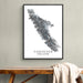 Framed map of Vancouver Island on a wall above a wooden bench.