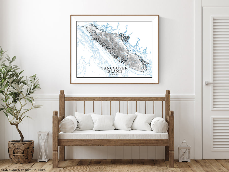Vancouver Island, British Columbia Canada map art print with a line-art design, detailed topographic features (contours) and water-bodies.