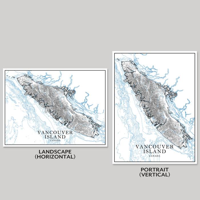 Two maps of Vancouver Island, one in landscape and one in portrait orientation, on a gray background.