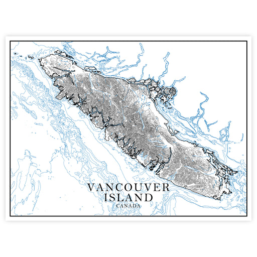Map of Vancouver Island, Canada with topographic details on a white background