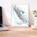 Framed map of Vancouver Island on a desk with a laptop and plant.