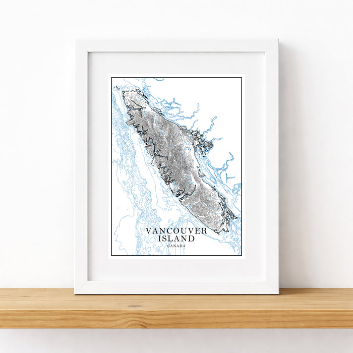 Framed map of Vancouver Island, Canada on a white background