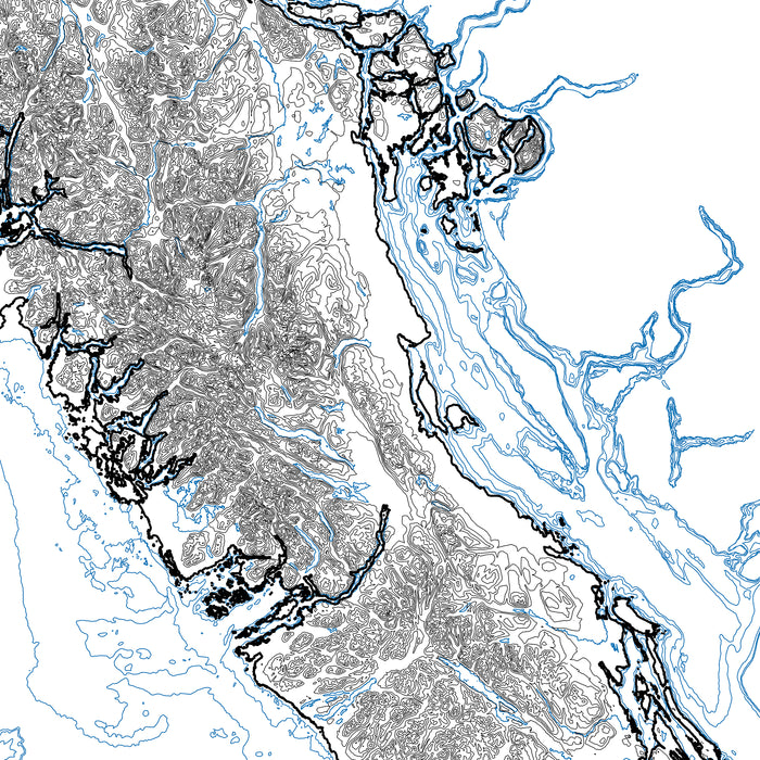 Topographic map of a coastal region with blue contour lines