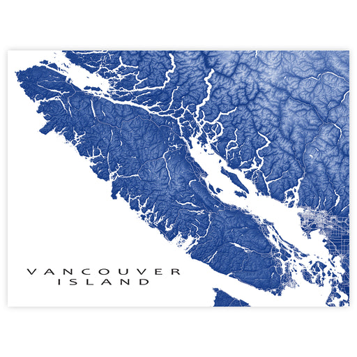 Map of Vancouver Island in blue and white