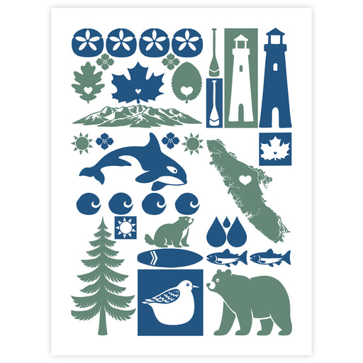 Collection of Vancouver Island nature-themed illustrations including a bear, tree, and lighthouse on a white background.