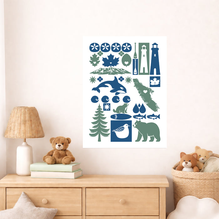 Children's room with a dresser, teddy bears, and a Vancouver Island wall art featuring nature-themed illustrations.