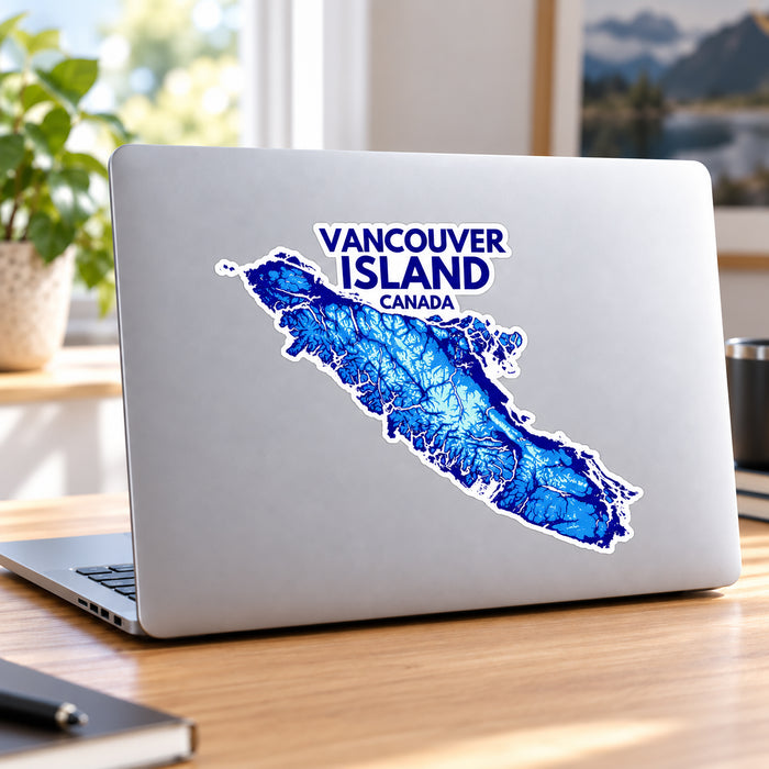 Vancouver Island Canada Sticker: Blue Topographic Map Art Vinyl Decal