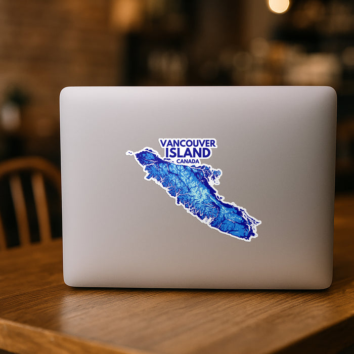 Laptop with a Vancouver Island, Canada sticker on a wooden table