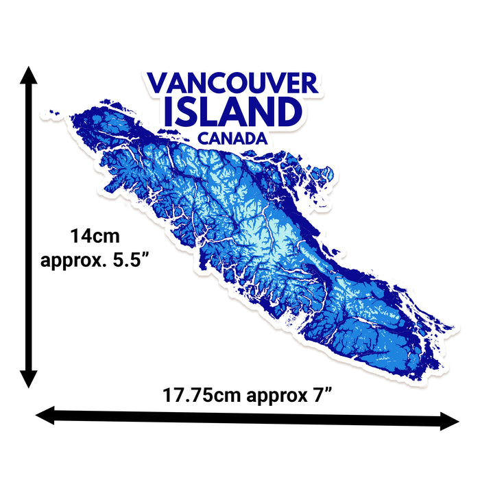 Map of Vancouver Island, Canada with dimensions on a white background
