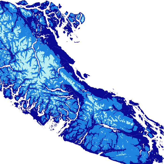 Topographic Vancouver Island map of a coastal region with blue color gradient