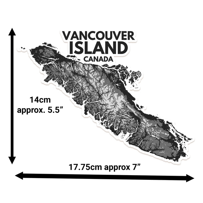 Map of Vancouver Island, Canada with dimensions indicated.
