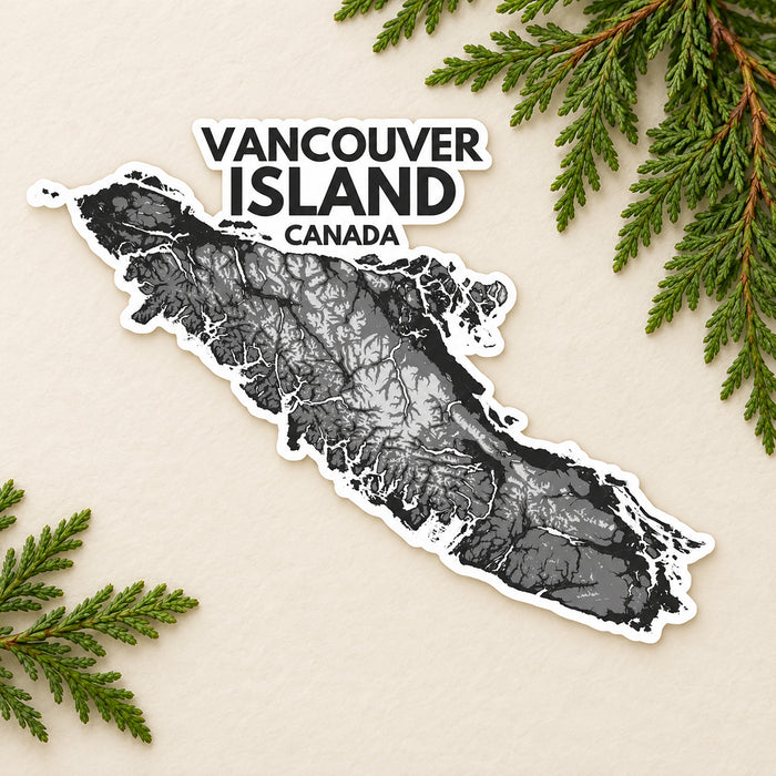 Vancouver Island Sticker: Black & White Topographic Map Art Vinyl Decal