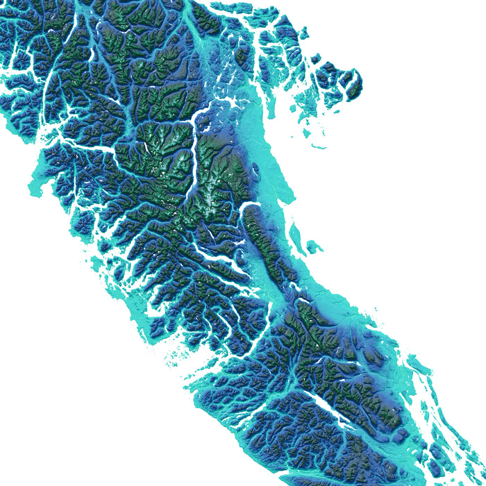 Topographic Vancouver Island map of a mountainous region with blue and green colors