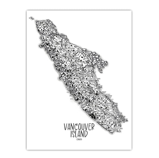 Map of Vancouver Island, Canada in black and white.