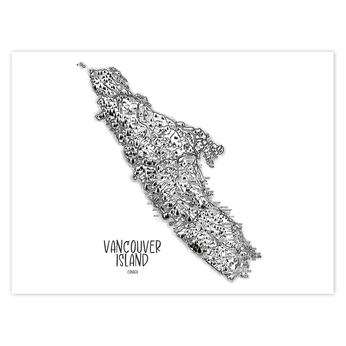 Map of Vancouver Island with 'Vancouver Island, Canada' text on a white background