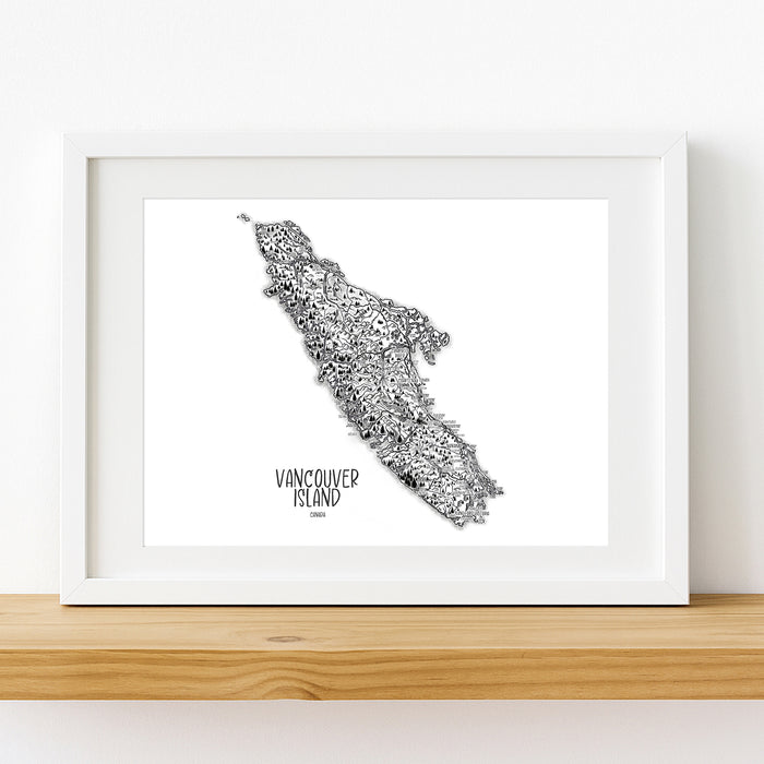 Framed map of Vancouver Island on a white wall