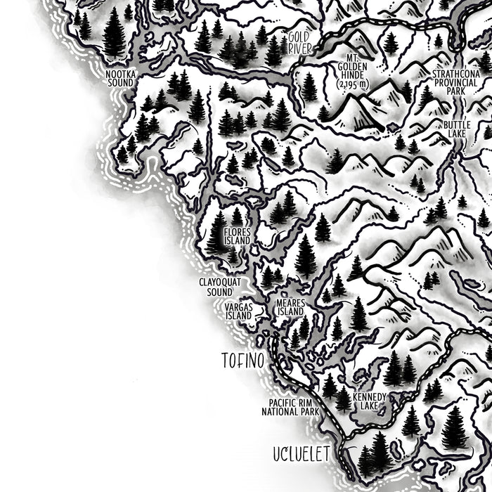 Map of a coastal region with topography, water bodies, and named locations.