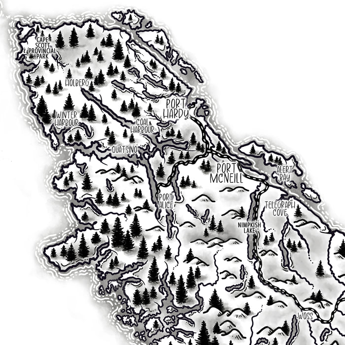 Map of a coastal area with various locations labeled, featuring both land and water features.