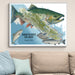 Framed map of Vancouver Island with salmon illustrations on a wall above a beige sofa.