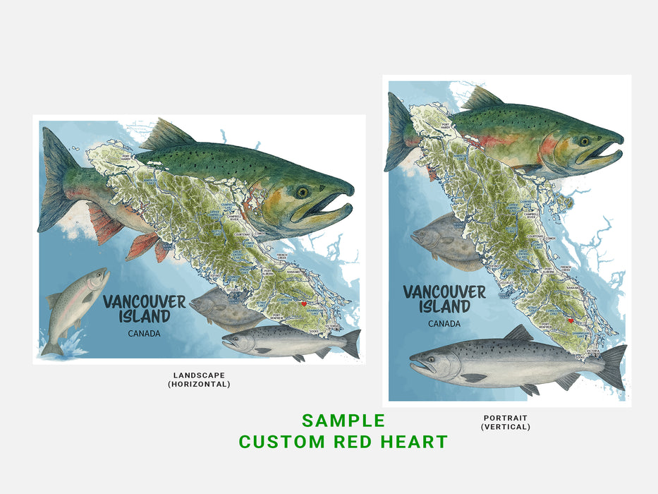 Two maps of Vancouver Island, Canada, featuring fish illustrations on a white background.