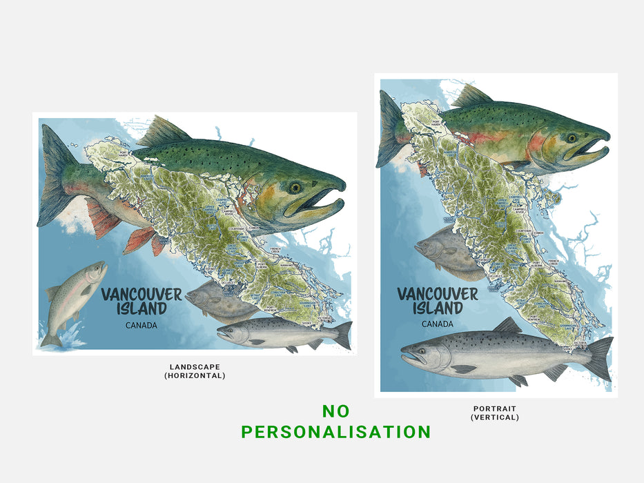 Two illustrations of salmon on Vancouver Island, Canada, with text indicating landscape and portrait orientations.