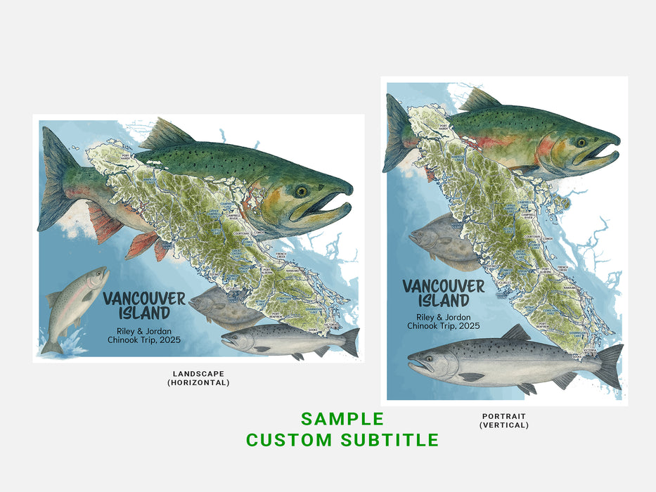 Two designs of Vancouver Island with salmon illustrations on a white background
