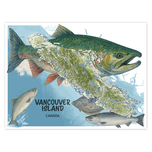 Map of Vancouver Island, Canada, depicted as a large fish with smaller fish illustrations around it.