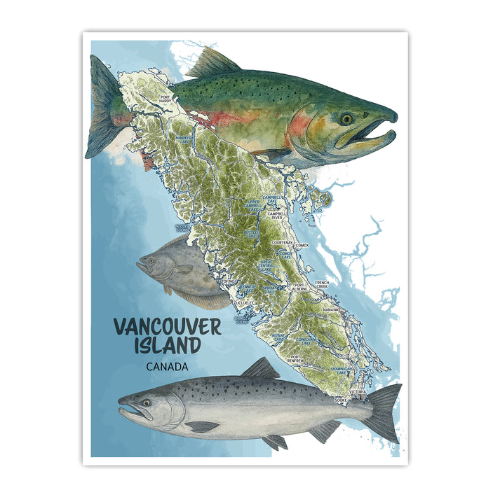 Map of Vancouver Island, Canada with illustrations of salmon on a blue background