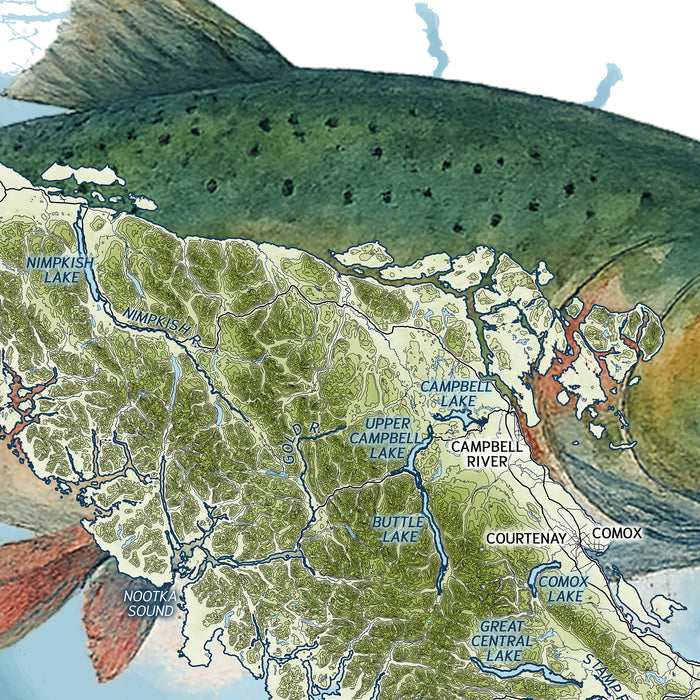Map of a region with various lakes and rivers labeled, featuring a topographic style.