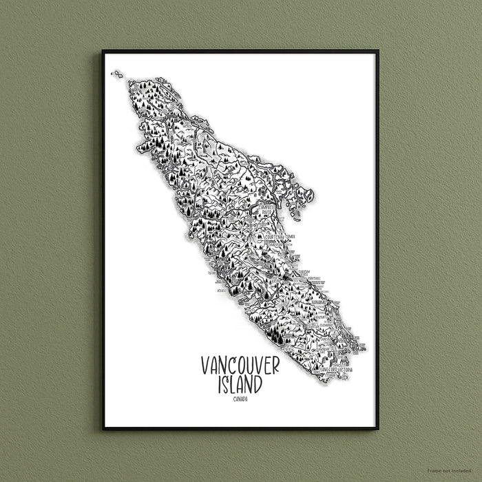 Framed black and white map of Vancouver Island on a green wall