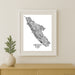 Framed map of Vancouver Island on a wall above a wooden shelf with a vase and plant.