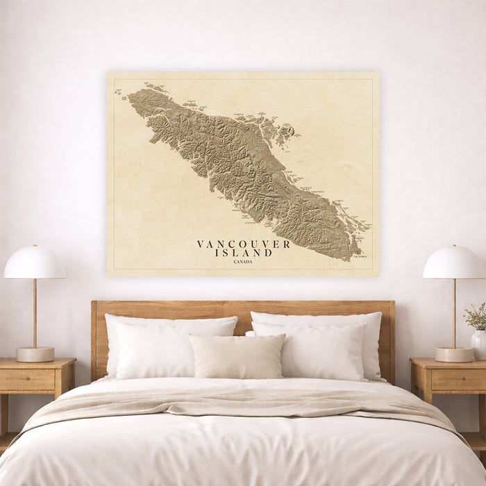 Map of Vancouver Island on a wall above a bed in a bedroom.