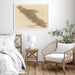 Vintage-themed wall art of Vancouver Island in a bedroom setting with wooden furniture and decor.