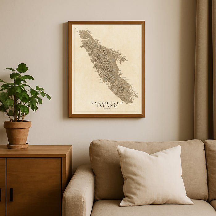 Framed map of Vancouver Island on a wall above a sofa with a plant beside it.