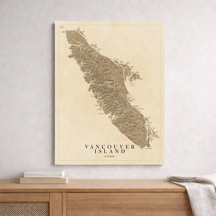 Map of Vancouver Island on a beige background, framed and hanging on a wall.