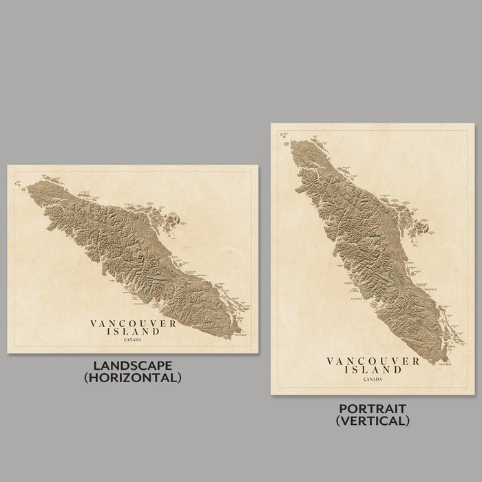 Two maps of Vancouver Island, one in landscape and one in portrait orientation, on a gray background.