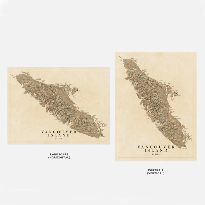 Two maps of Vancouver Island, one in landscape and one in portrait orientation, on a beige background.